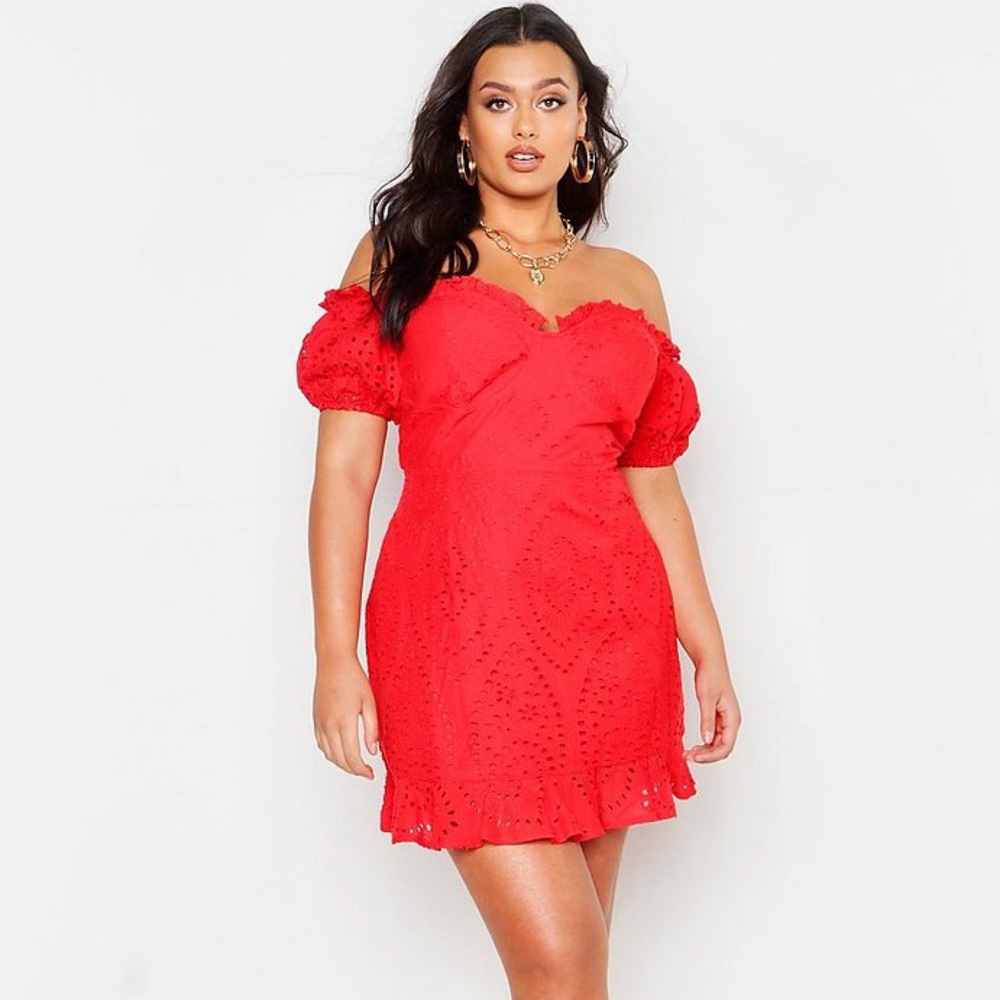Plus Broderie Bodice Ruffle Hem Dress